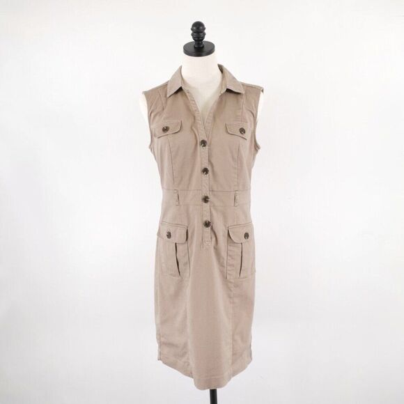 Liz Claiborne Tan Canvass Collared Dress Size 8 Sleeveless Cotton Nylon Spandex - Picture 1 of 10